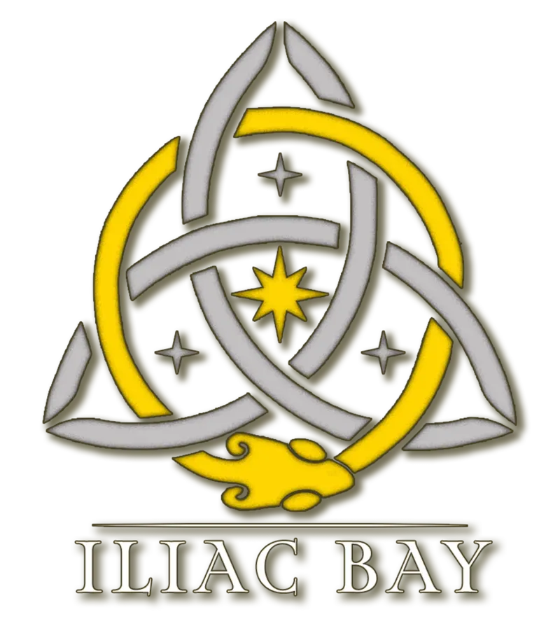 Flat IB Logo with a golden ouroborous and a silver triskelion. Iliac Bay text below